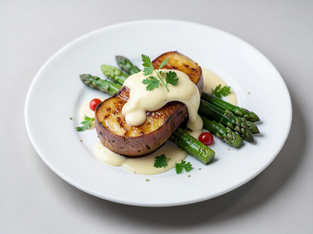 Patate dolci al forno con asparagi e olandese