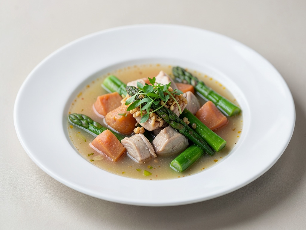 Sopa asiática de pollo con boniato y espárragos