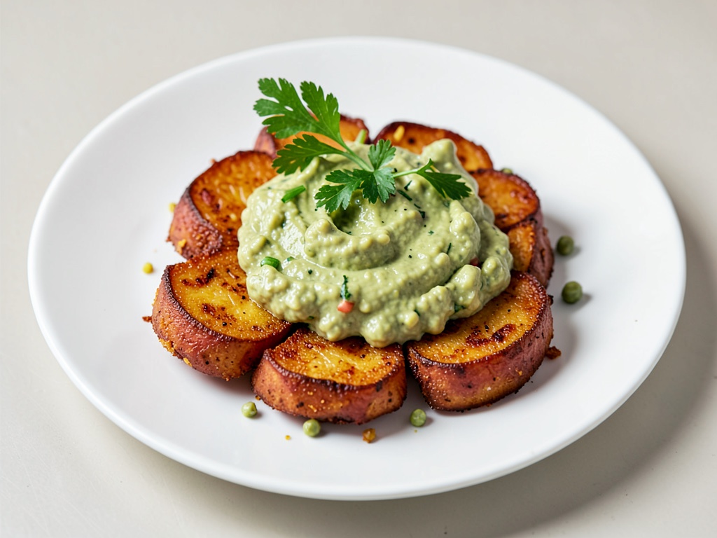 Knusprige Süßkartoffel-Scheiben mit cremiger Avocado-Erbsen-Creme