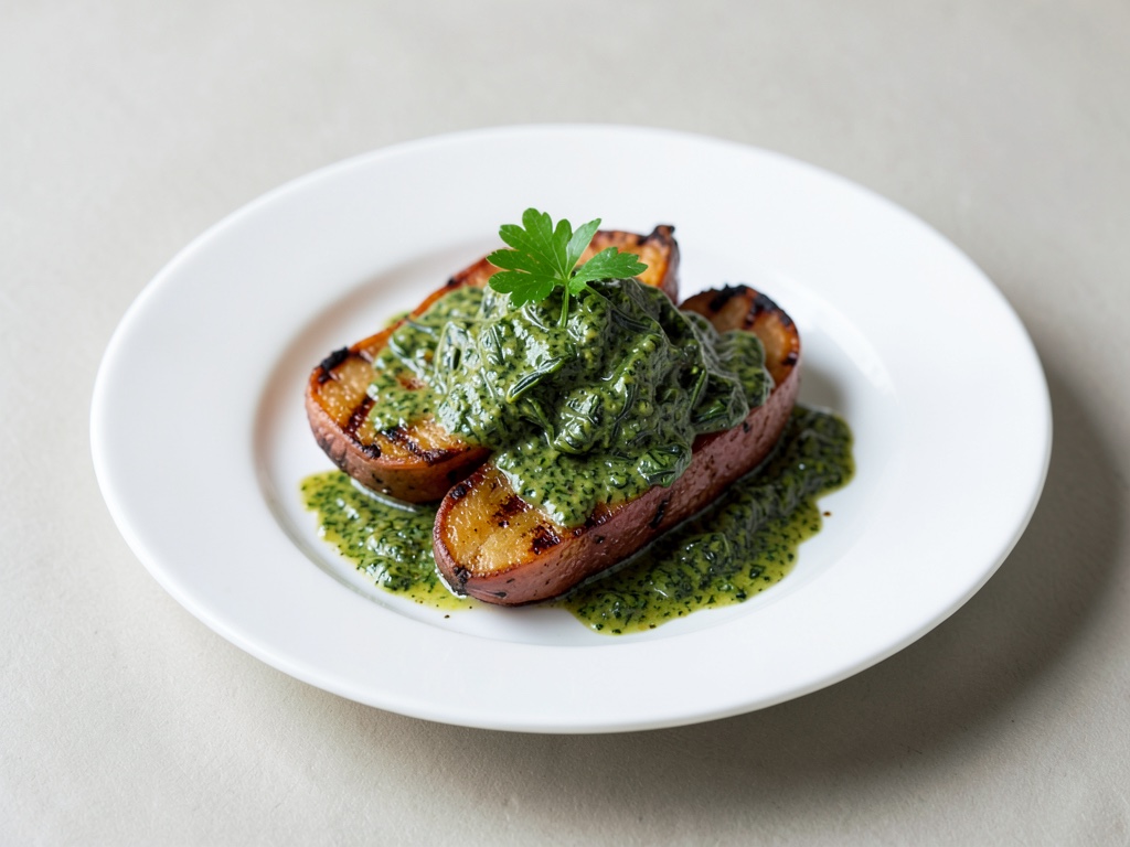 Patate dolci grigliate con condimento fresco agli spinaci