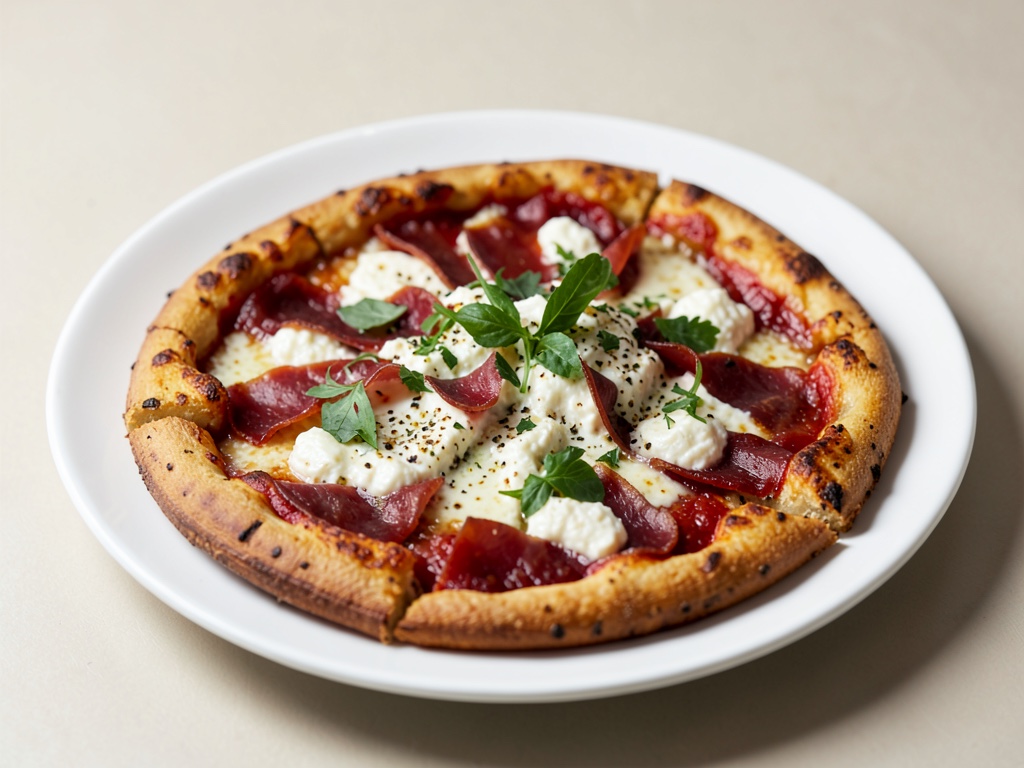 Pizza alla patata dolce con ricotta pepata e carne di manzo essiccata all'aria