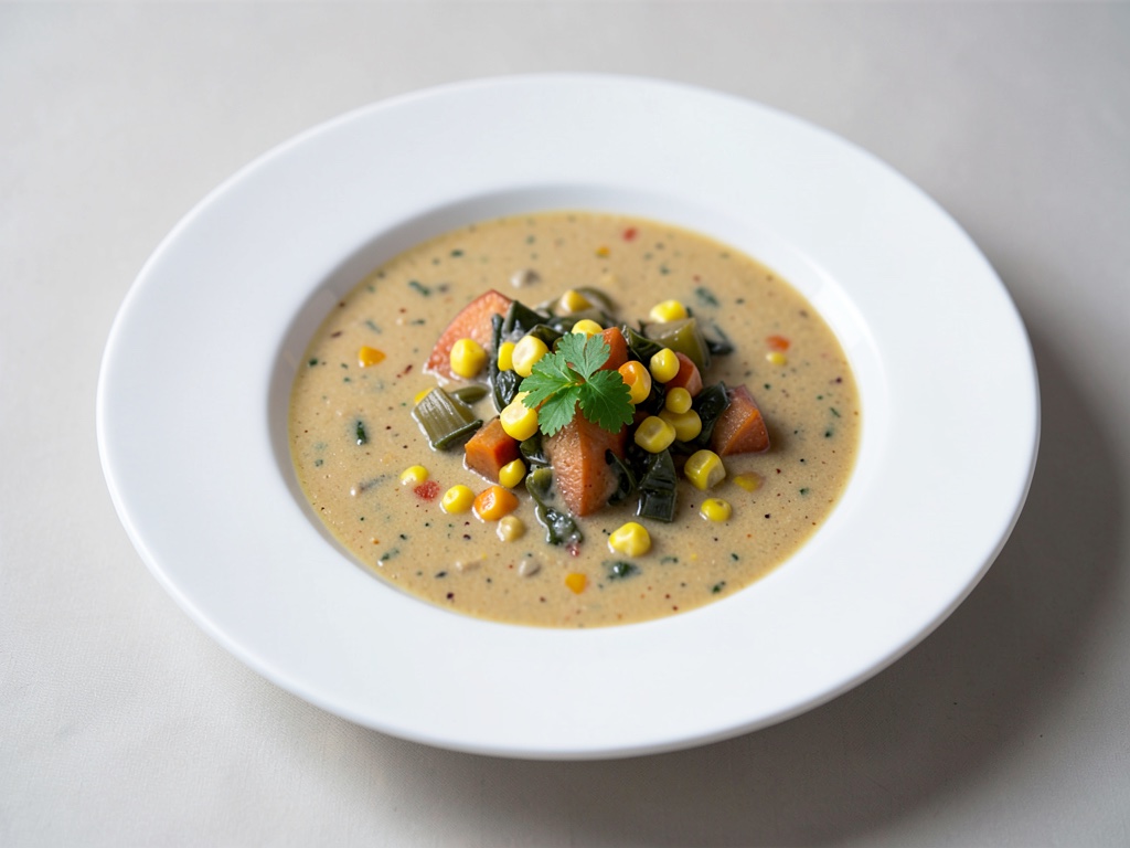 Zuppa cremosa di patate dolci e porro con mais