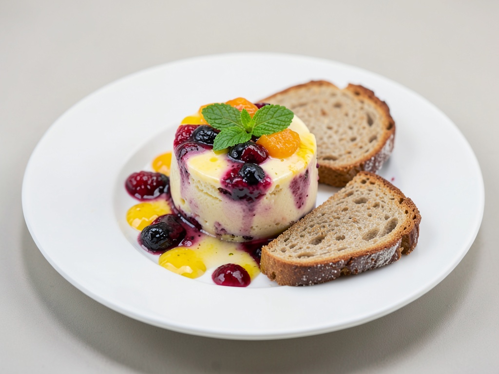 Pudding estivo fruttato con pane tostato
