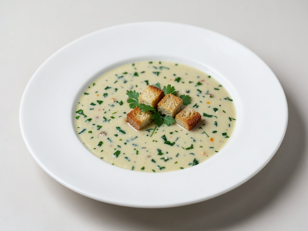 Sopa cremosa de hierbas de primavera con dados de pan crujientes