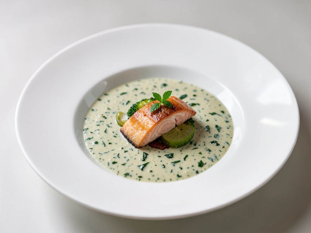 Sopa cremosa de berros con salmón al vapor
