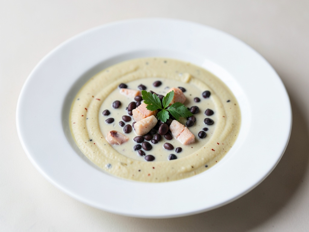 Sopa cremosa de langosta con lentejas negras y espätzle caseros