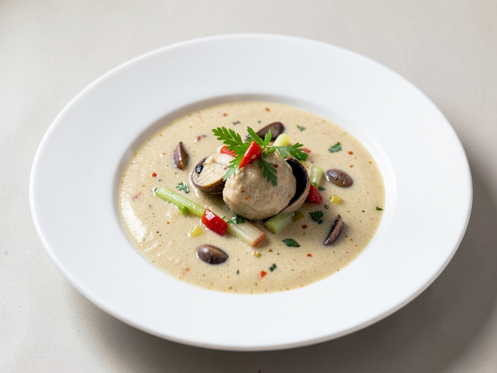 Sopa cremosa de mejillones con hinojo y pimiento