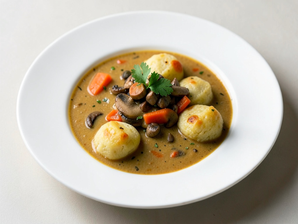 Sopa sabrosa de champiñones y zanahorias con ñoquis de patata caseros