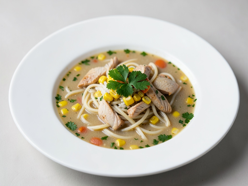Sopa de fideos de arroz con pollo, maíz y cilantro