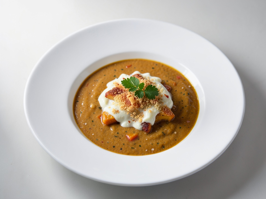 Sopa cremosa de taro y calabaza con costra de queso