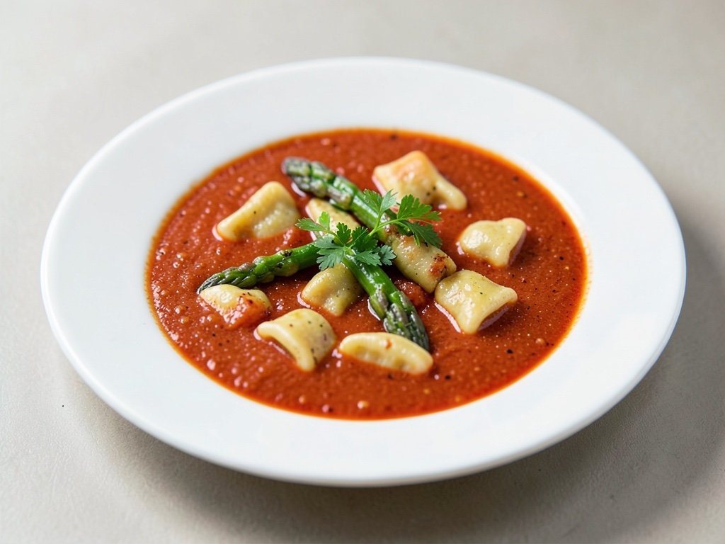Zuppa di pomodori chiara con tortellini all'asparago fatti in casa