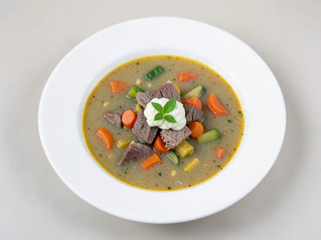 Sopa sabrosa de carne de res y verduras con salsa de rábano picante