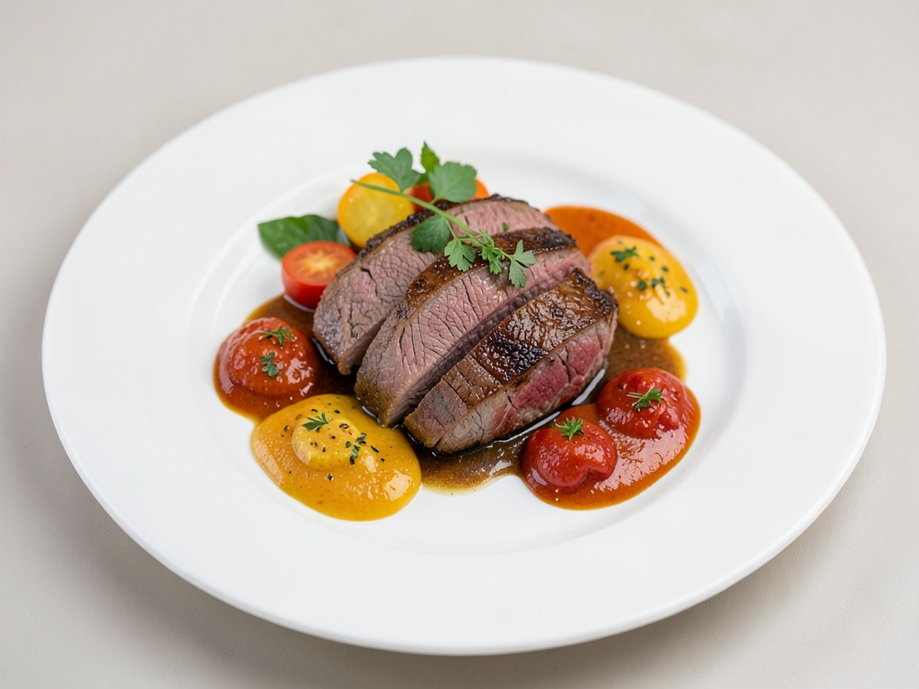 Tierno carne de res con tres salsas de verduras coloridas