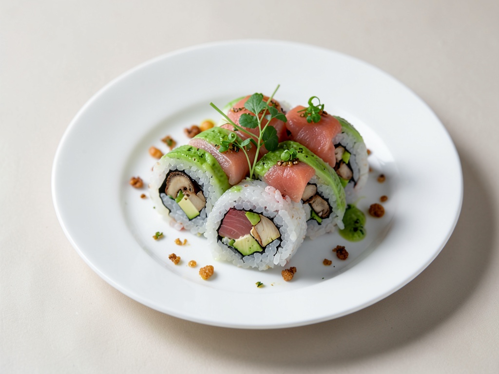Rotolo di sushi inside-out con avocado, tonno e funghi