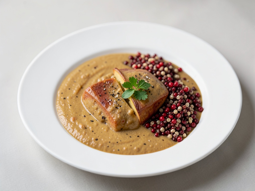 Zuppa cremosa di patate dolci e cocco con quinoa rossa