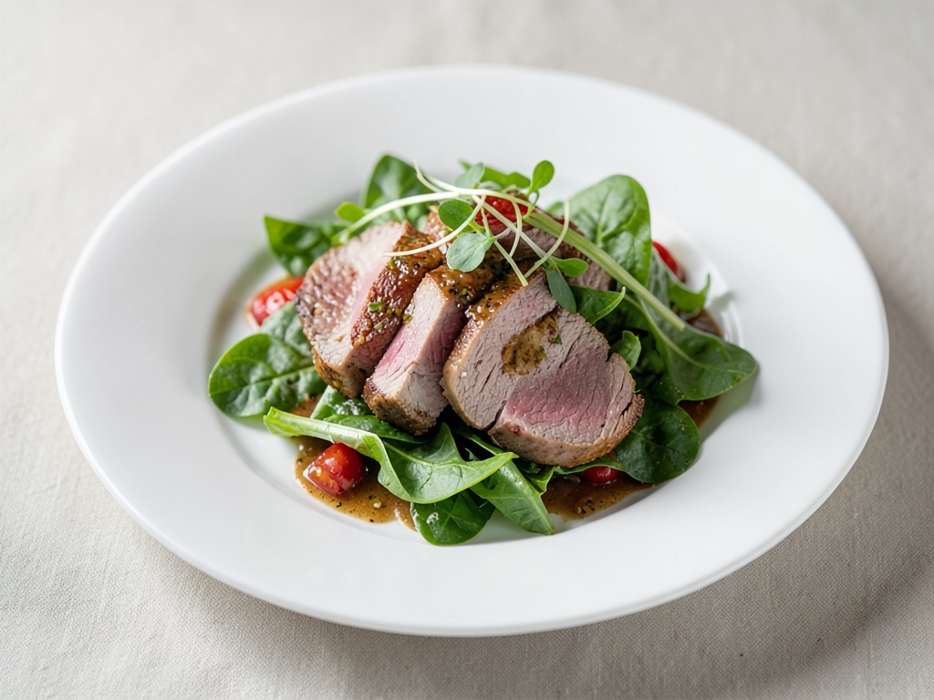 Servi le fette di filetto sull'insalata a foglia