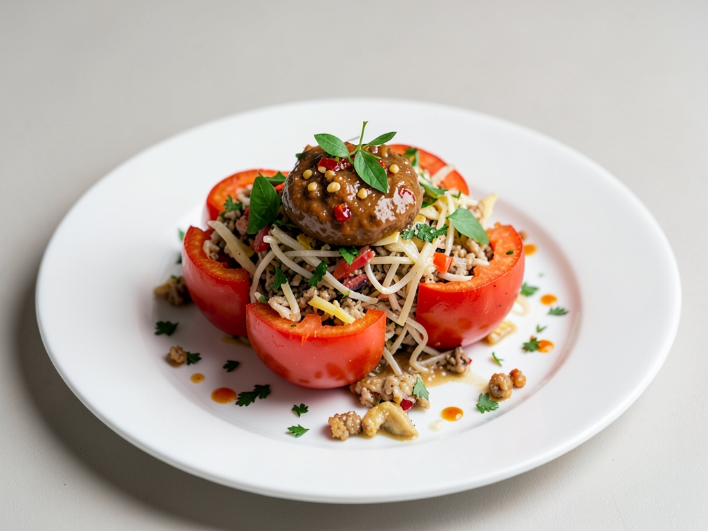 Tabbouleh nella buccia di pomodoro con salsa piccante