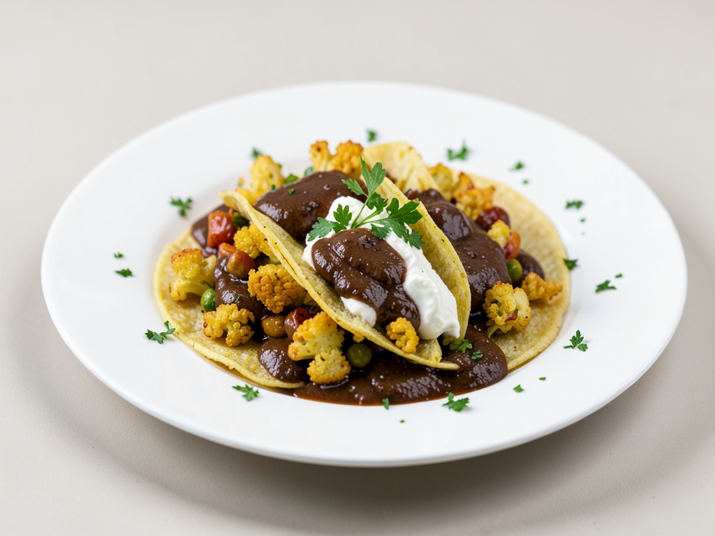 Tacos croccanti di cavolfiore e fagioli con salsa mole e crema di quark fresca
