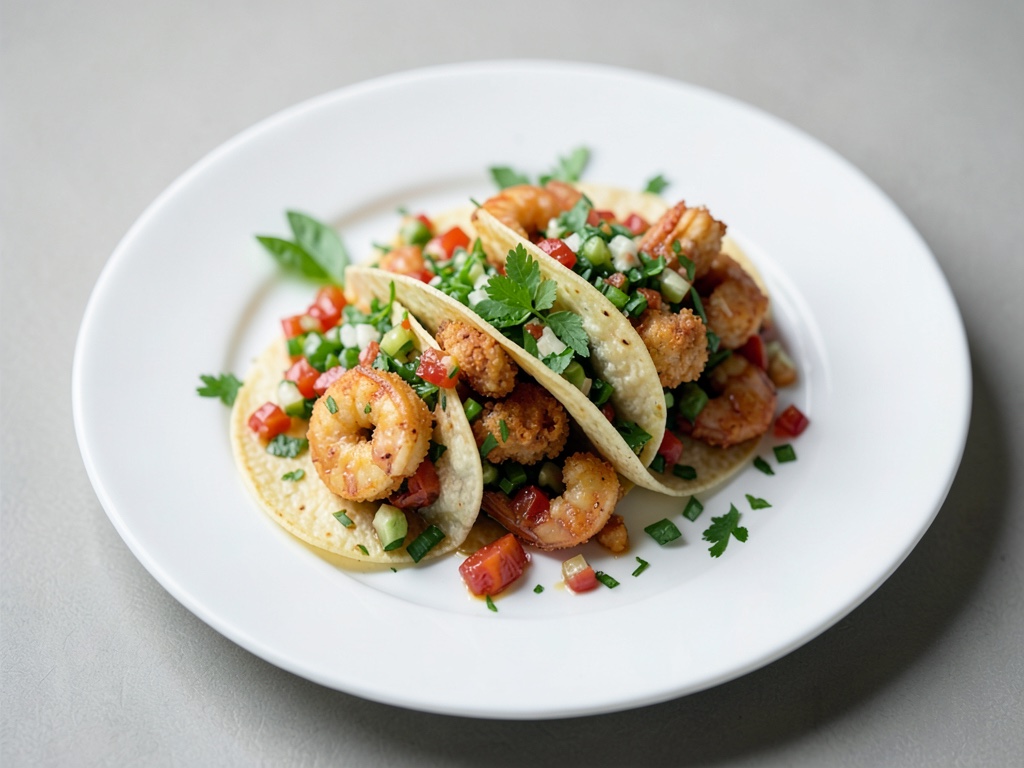 Tacos croccanti di gamberi con salsa verde fresca e pico de gallo