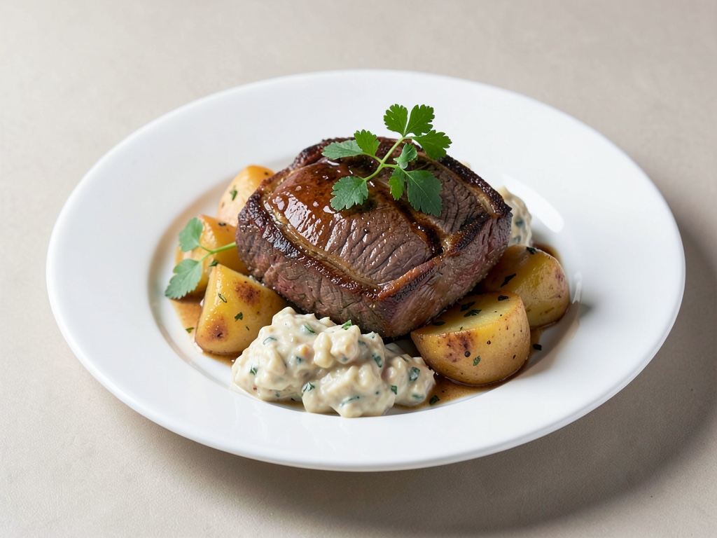 Tenero arrosto di manzo brasato con padella cremosa di radice di rafano e verdure