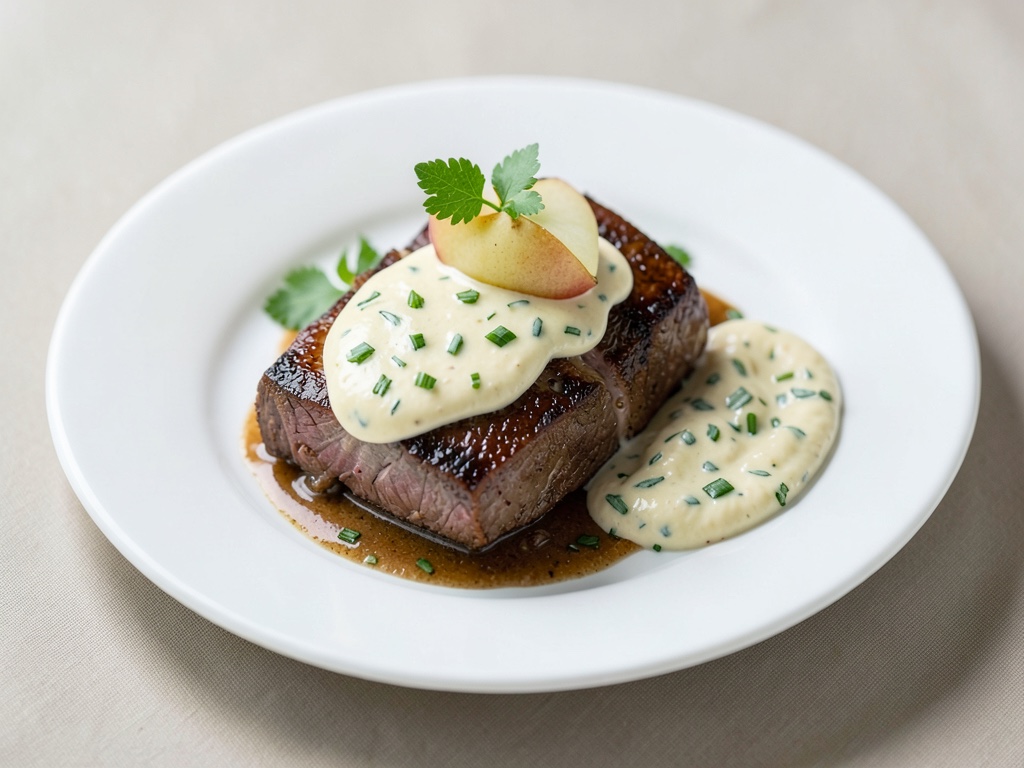 Tenero arrosto di manzo brasato con maionese all'erba cipollina e salsa di mele e rafano