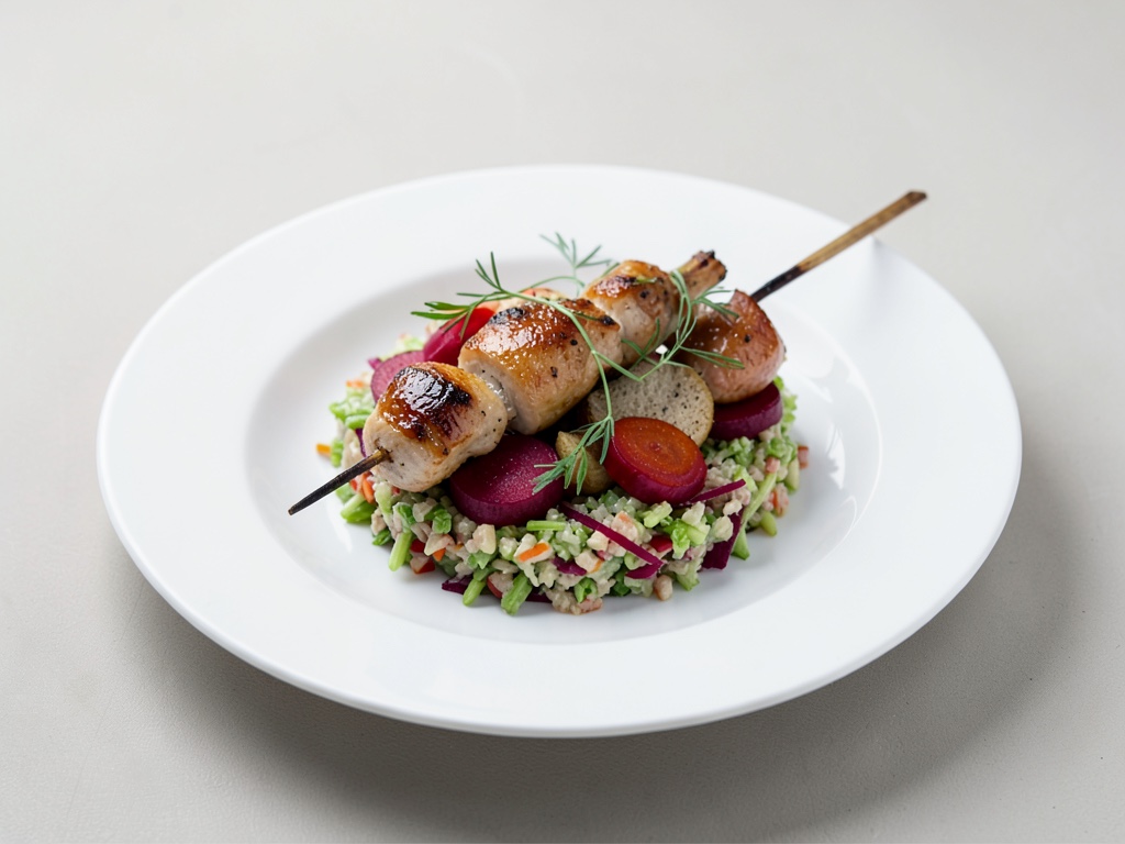 Brochettes de faisan sur tatare de betterave et céleri