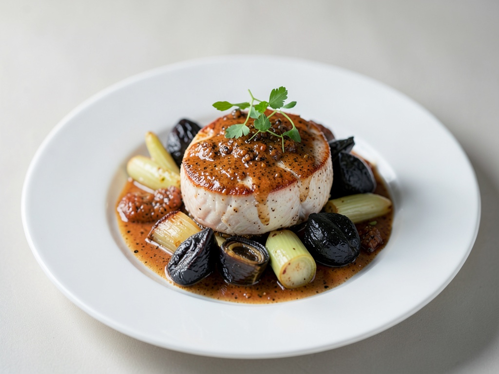 Piccione con salsa al pepe e verdure di scorzonera