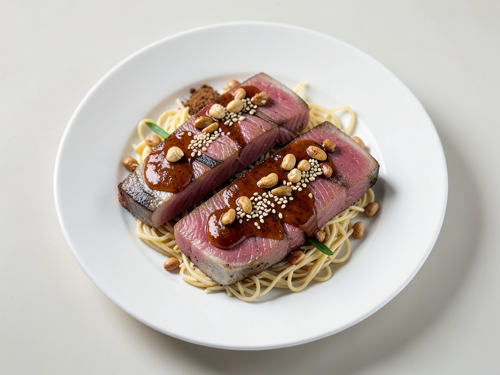 Salmone Teriyaki con arachidi, fagiolini e noodles di riso