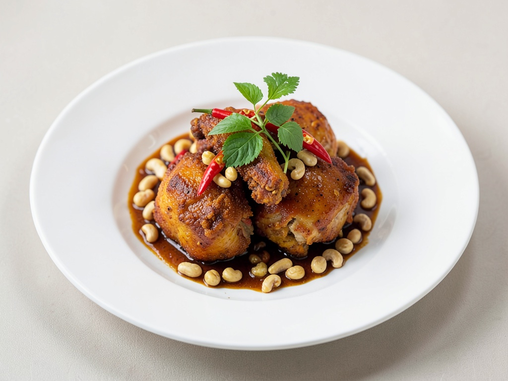 Pollo croccante con basilico tailandese, peperoncino e anacardi