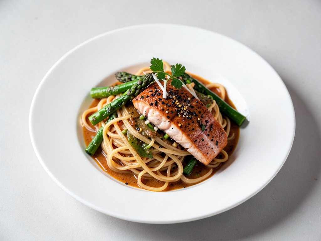 Noodles thailandesi con asparagi e salmone al pepe
