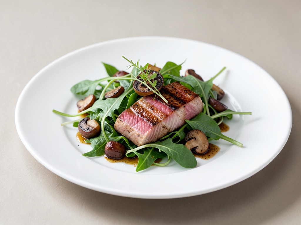 Tonno saltato su insalata di rucola con funghi chanterelle