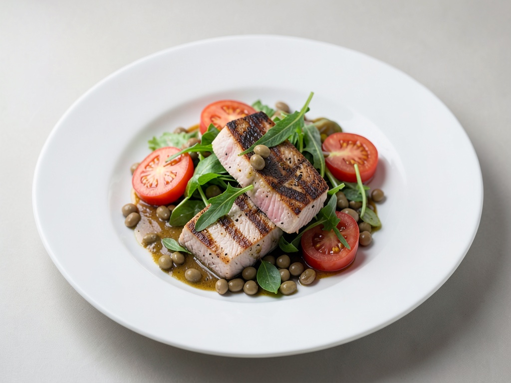 Tonno alla griglia con insalata fresca di pomodori e fagioli