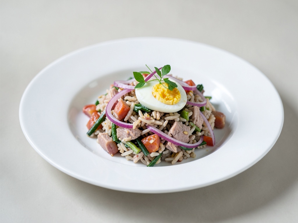 Insalata di riso al tonno con cipolle rosse e uova