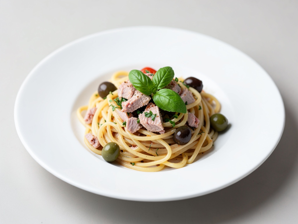 Spaghetti mit Thunfisch, Oliven und Basilikum
