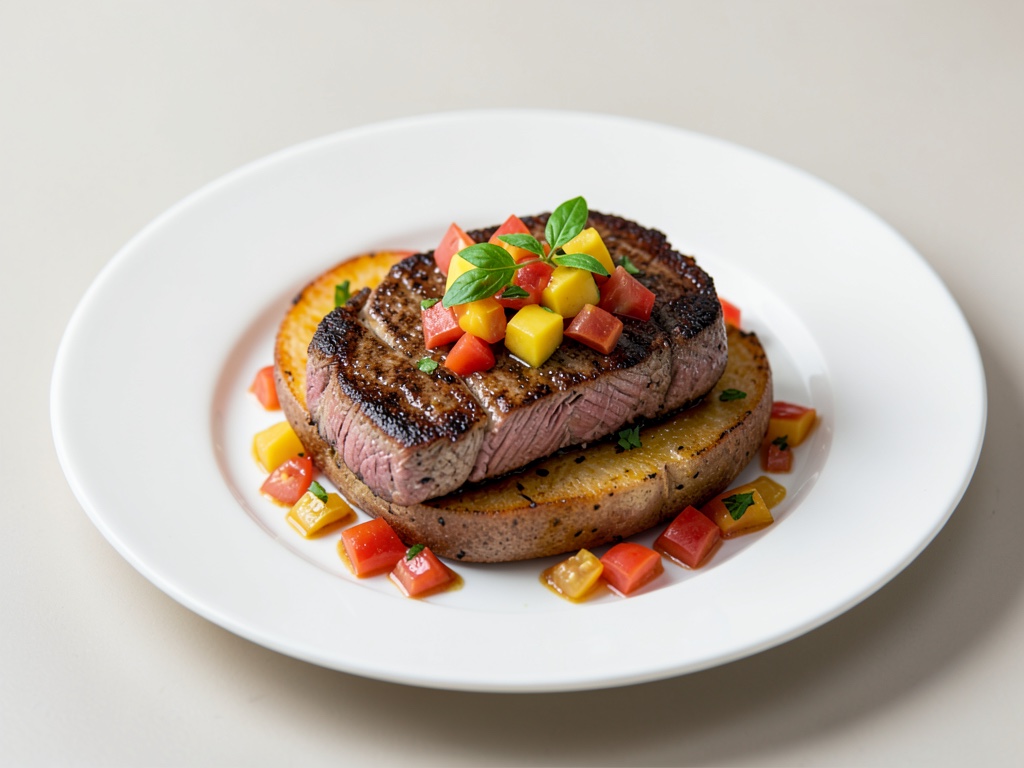 Steaks de atún con salsa de mango y tomate sobre boniatos