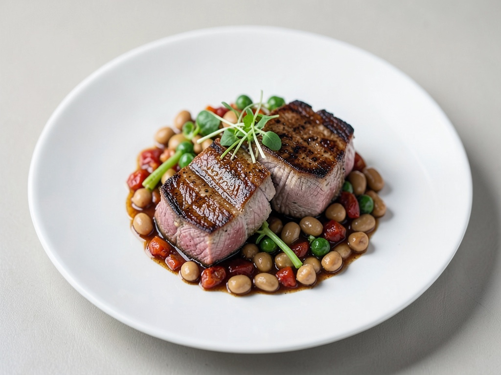 Bistecche di tonno fritte con fagioli, peperoncino e germogli