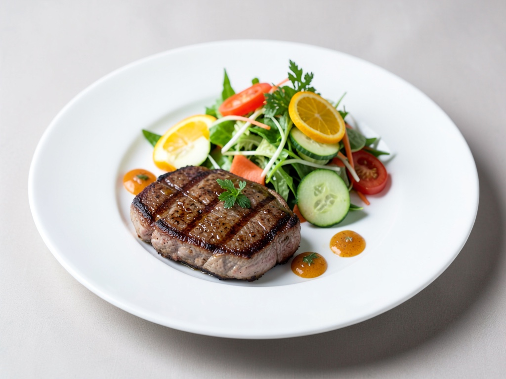 Bistec di tonno alla griglia con insalata di arance e cetrioli