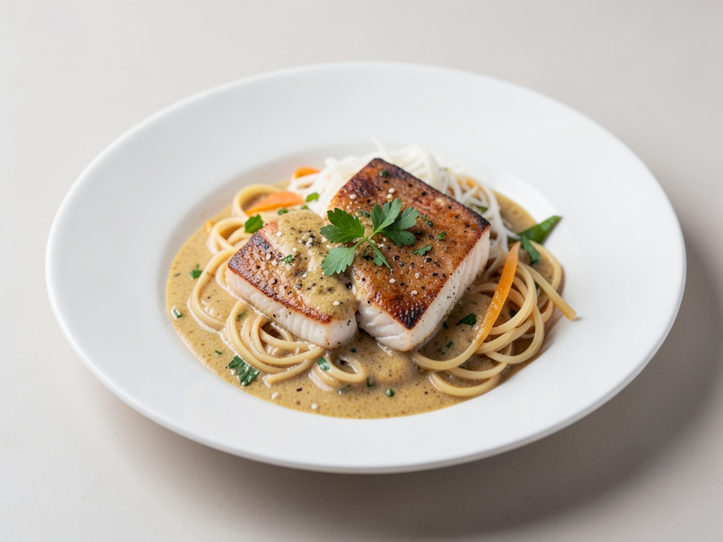 Filetti di tilapia in salsa al curry cremosa con noodles di riso
