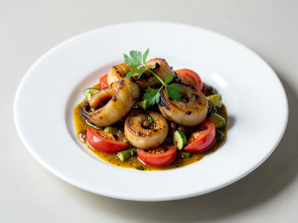 Anelli di calamaro al forno con verdure di pomodori e zucchine