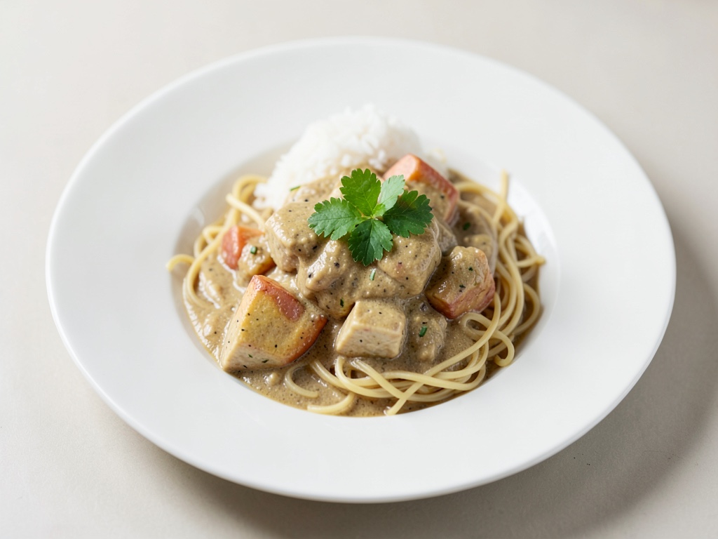 Crema al tofu con curry e noodles di riso