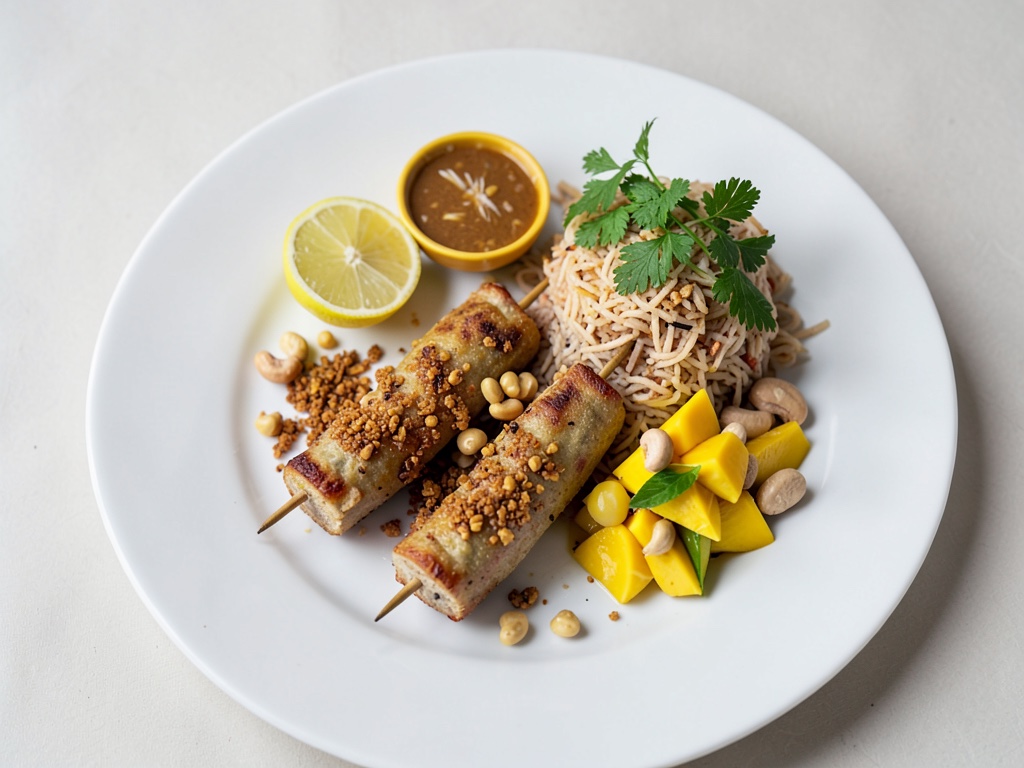 Spiedini croccanti di tofu e arachidi con riso al mango e coriandolo