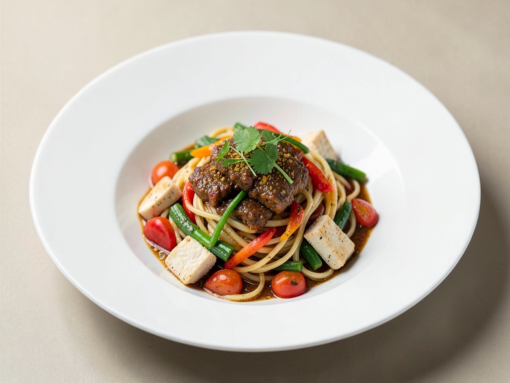 Nudeln mit Tofu und buntem Gemüse