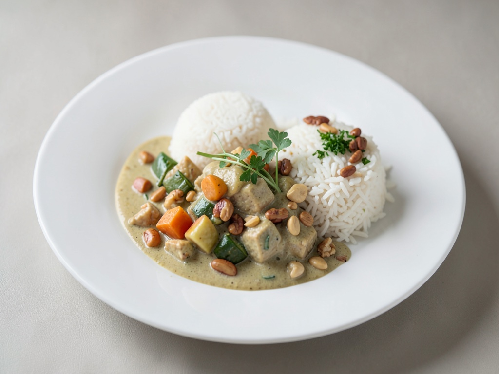 Curry cremoso di tofu e verdure con riso e noci