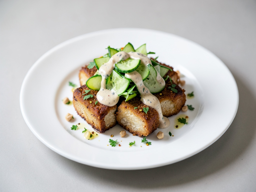 Tofu croccante con insalata di cetriolo croccante e condimento ai anacardi