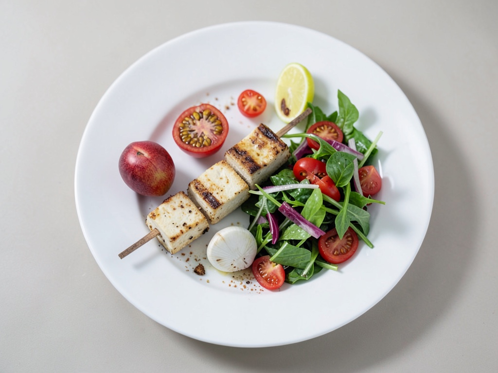 Spiedini di tofu e nettarine con insalata di peperoni e menta