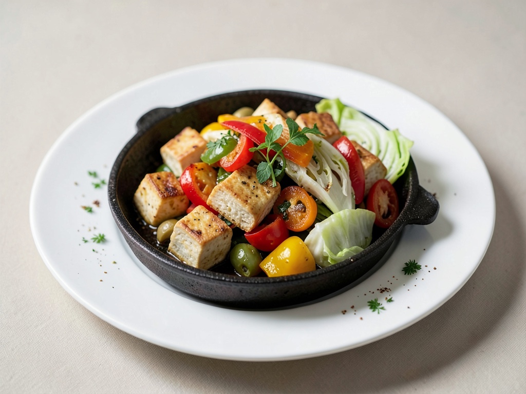 Wok-Pfanne mit Tofu, Paprika und Chinakohl