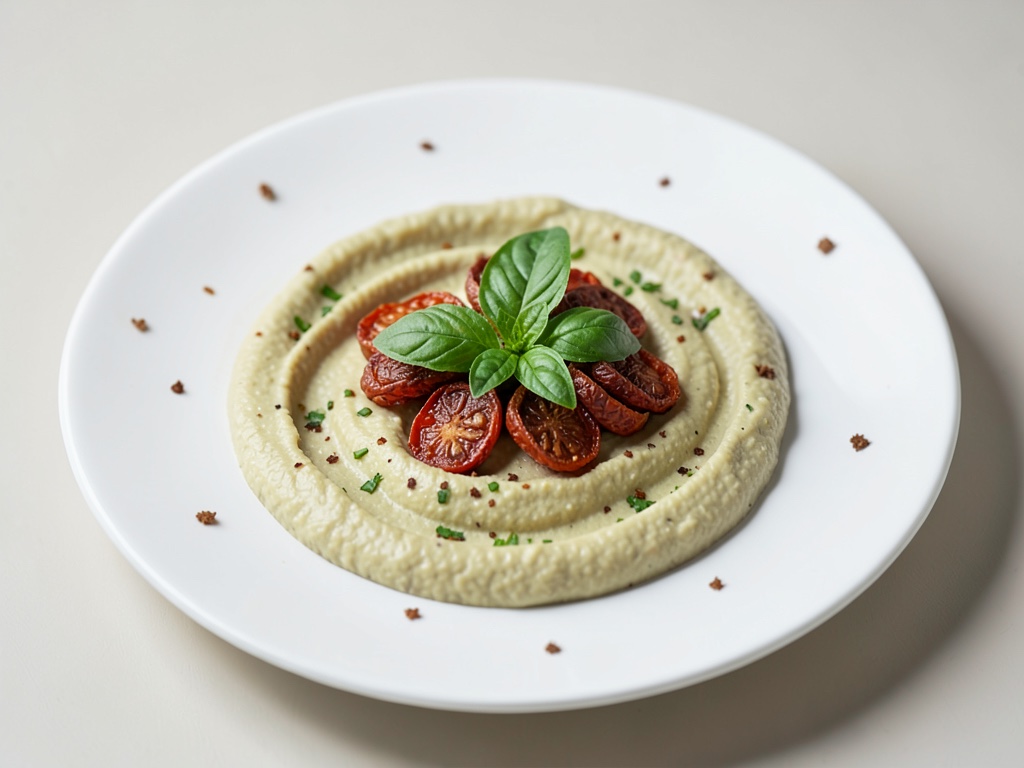 Hummus fresco con pomodori secchi e basilico