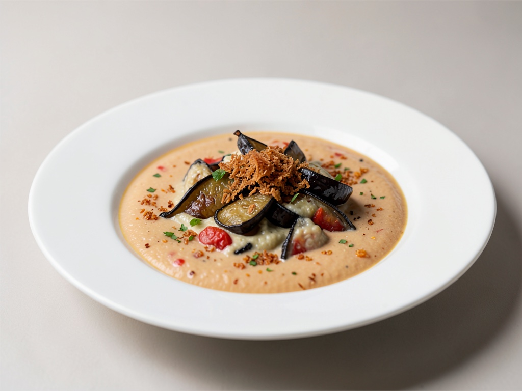 Sopa cremosa de berenjena y tomate con toppings crujientes