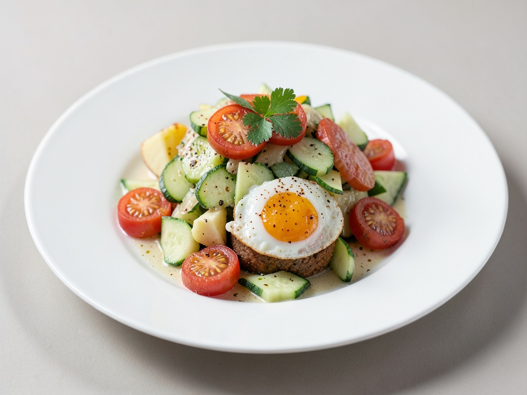 Insalata di patate e cetrioli con uova al pomodoro