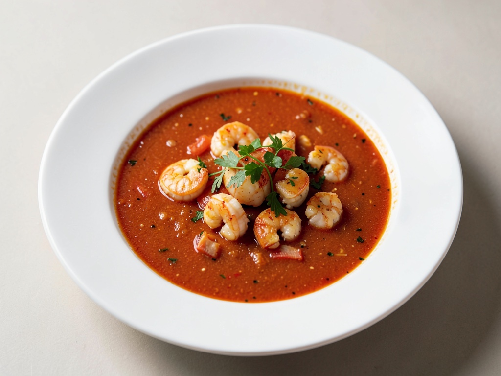 Sopa de pescado y tomate salada con gambas